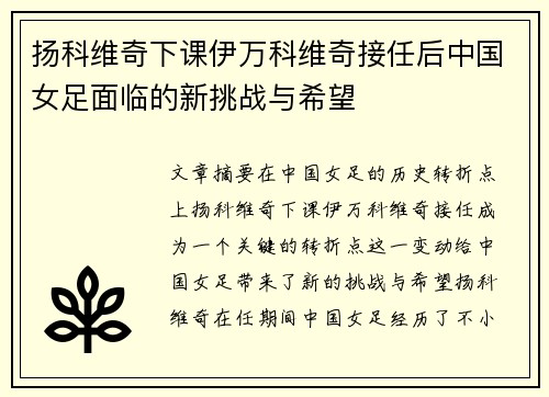 扬科维奇下课伊万科维奇接任后中国女足面临的新挑战与希望